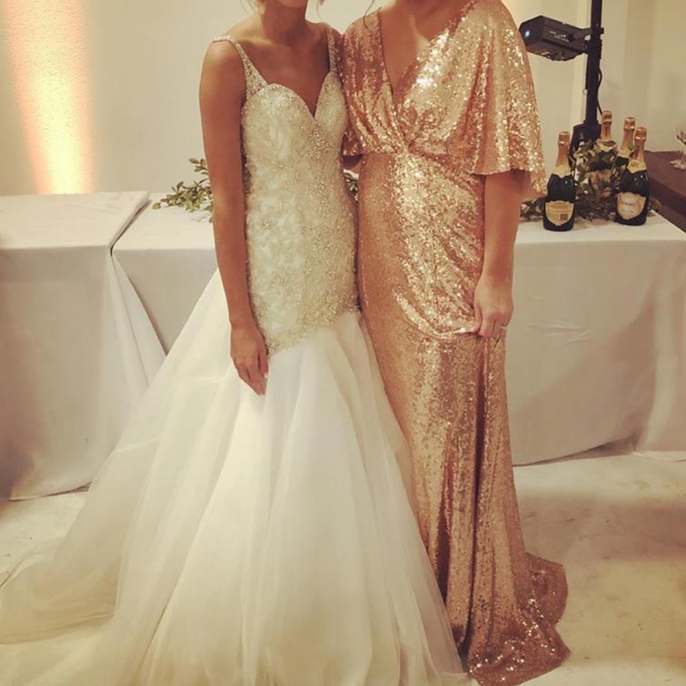 Rose Gold Sequin Drapey dress bridesmaid gown
